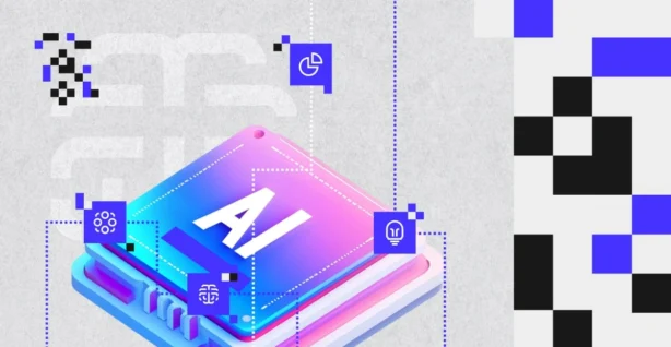 AI w raportach BI – ilustracja przedstawiająca zaawansowane funkcje AI w Power BI, w tym analizę danych, wykresy i symbole sztucznej inteligencji.