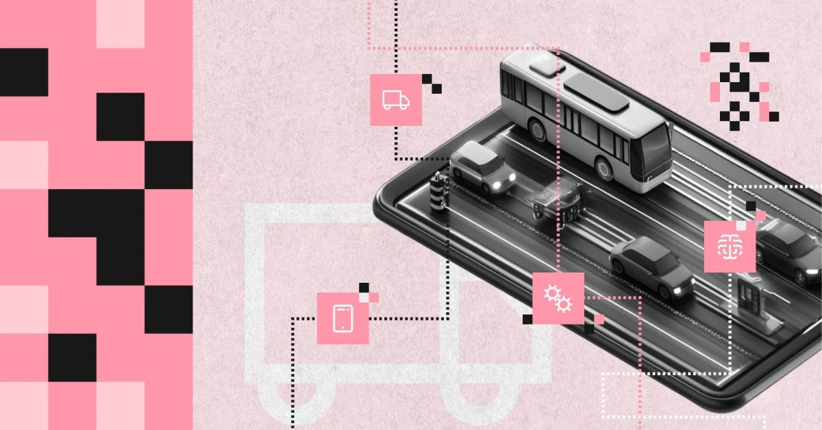 Illustration showing the use of artificial intelligence in the transport and logistics industry – vehicles on a smartphone screen symbolizing digital infrastructure, data integration, and process automation in TSL.