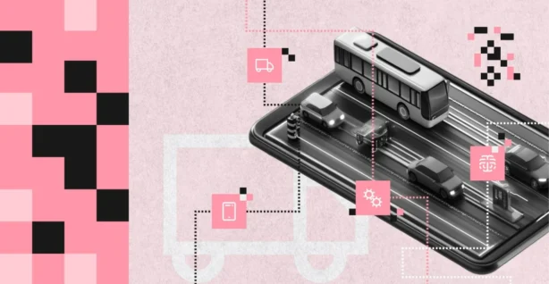 Ilustracja przedstawiająca zastosowanie sztucznej inteligencji w transporcie i logistyce – pojazdy na ekranie smartfona symbolizujące cyfrową infrastrukturę, integrację danych i automatyzację procesów w branży TSL.