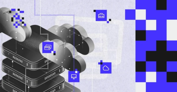 Illustration showing a data cloud connected to servers, with icons related to banking, cloud computing and digital services — symbolising the future of the banking sector powered by cloud solutions.