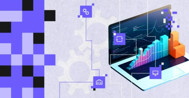 Ilustracja przedstawia laptop z trójwymiarowymi wykresami i ekranem analitycznym, otoczony ikonami procesów biznesowych i automatyzacji — wizualizacja korzyści z cyfryzacji procesów biznesowych.