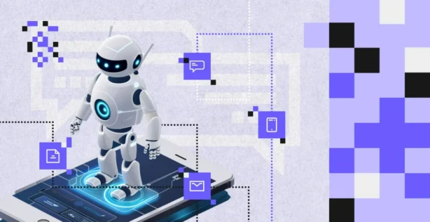 Illustration of a humanoid robot standing on a smartphone screen, surrounded by icons of messages, mobile devices and documents — symbolising the use of AI in customer service for transport applications.