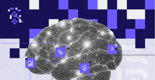 Ilustracja przedstawia sieć neuronową w kształcie mózgu, otoczoną ikonami analityki, automatyzacji i obsługi klienta — wizualizacja zastosowania generatywnej sztucznej inteligencji w usługach cyfrowych.