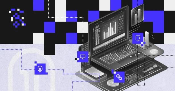 Ilustracja przedstawia laptop z rozbudowanym interfejsem użytkownika, wykresami i ikonami innowacji, projektowania i automatyzacji — wizualizacja podejścia service design do tworzenia efektywnych usług cyfrowych.