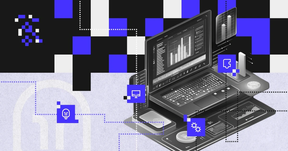 Ilustracja przedstawia laptop z rozbudowanym interfejsem użytkownika, wykresami i ikonami innowacji, projektowania i automatyzacji — wizualizacja podejścia service design do tworzenia efektywnych usług cyfrowych.