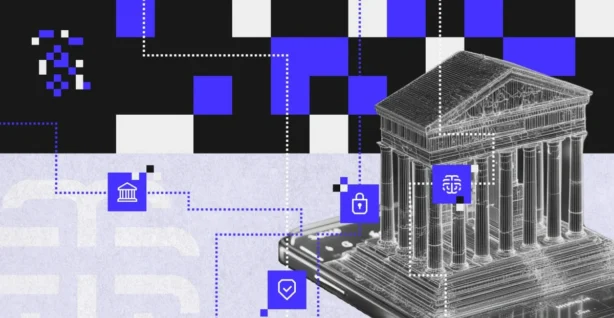 Ilustracja przedstawiająca klasyczny budynek banku wyłaniający się ze smartfona, otoczony ikonami bezpieczeństwa, instytucji i sztucznej inteligencji — symbol cyfrowej transformacji i wykorzystania AI w bankowości do zwalczania oszustw.