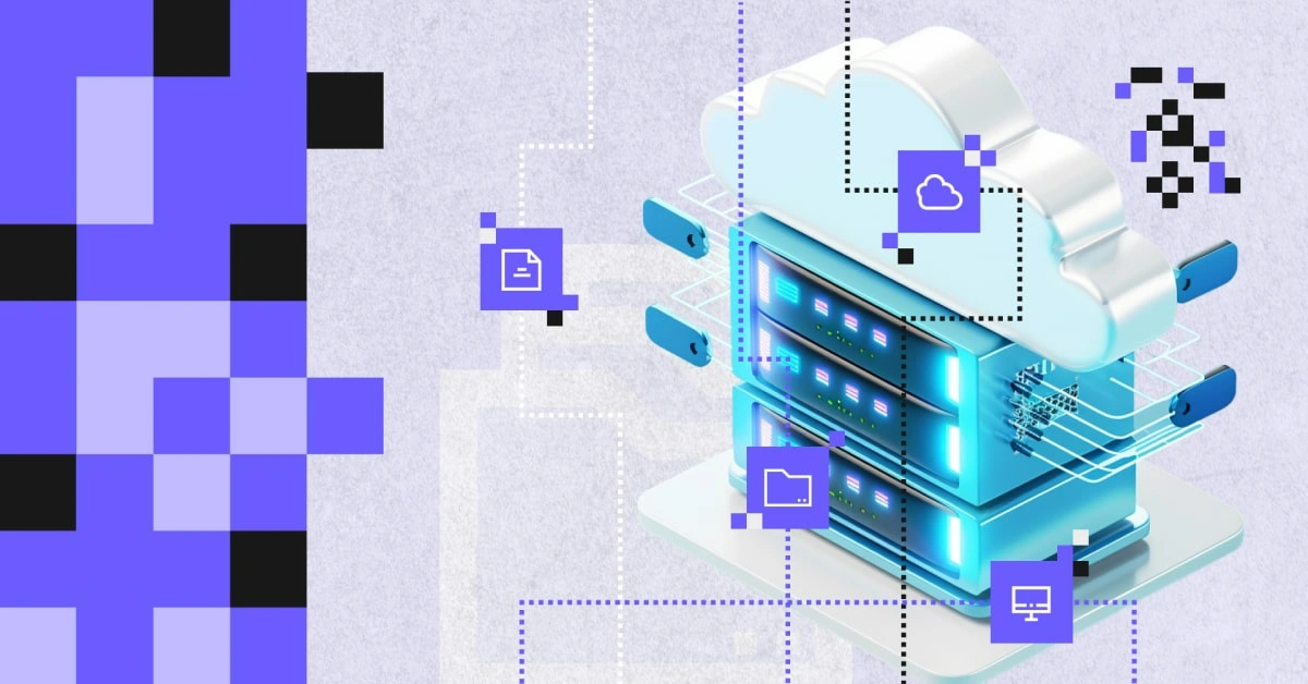 Illustration of a server connected to a cloud with icons of a file, folder and desktop, symbolising cloud-based data backup using Azure Backup technology.