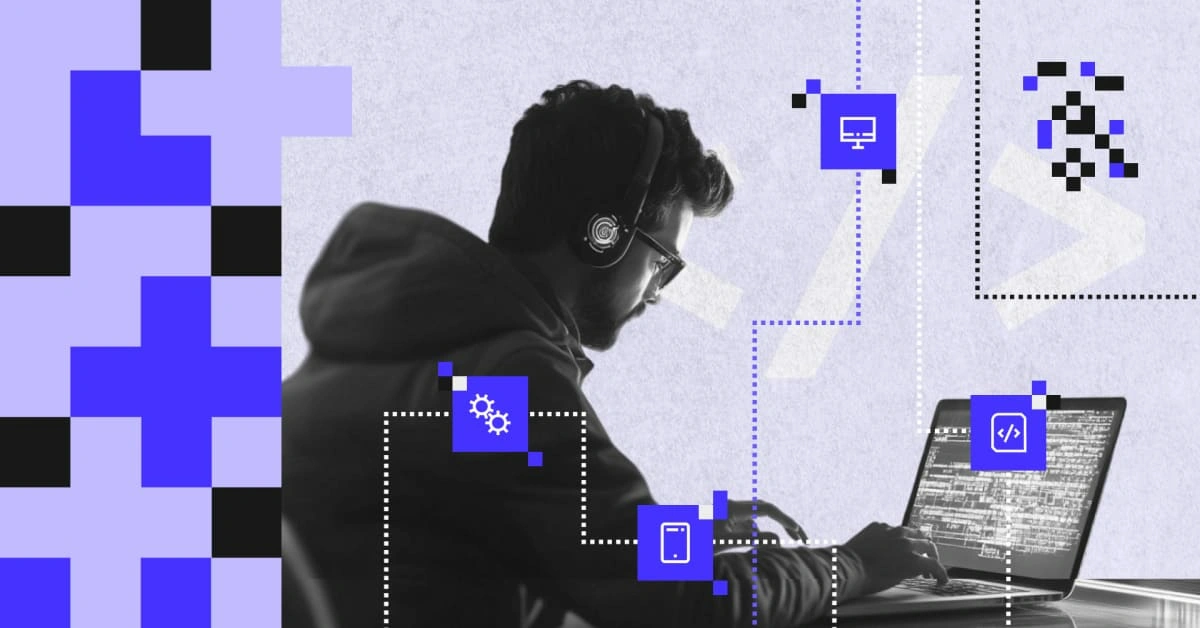 Illustration of a developer wearing headphones, working on a laptop with visible code, surrounded by icons of programming, mobile and desktop technologies — symbolising the impact of programming languages on banking software development.