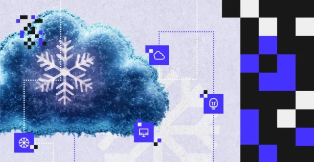 Ilustracja przedstawia chmurowy obłok z symbolem płatka śniegu, otoczony ikonami danych, chmury i innowacji — symbolizuje wdrożenie platformy Snowflake i najlepsze praktyki zarządzania danymi w chmurze.