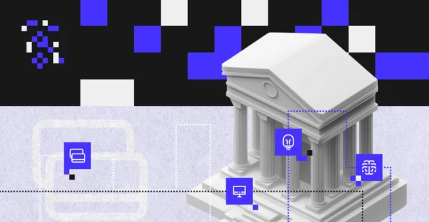 Ilustracja przedstawiająca klasyczny gmach banku w otoczeniu ikon technologicznych – symbol transformacji cyfrowej w sektorze bankowości detalicznej.