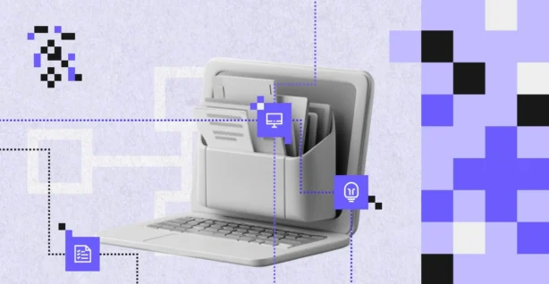 Grafika symbolizująca działanie katalogu danych – laptop z cyfrową teczką dokumentów oraz ikonami reprezentującymi wiedzę, dane i systemy informatyczne.