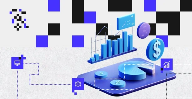 Grafika z wykresami, danymi i ikonami walut – symbol przemian technologicznych na rynku finansowym i kredytowym w Polsce.