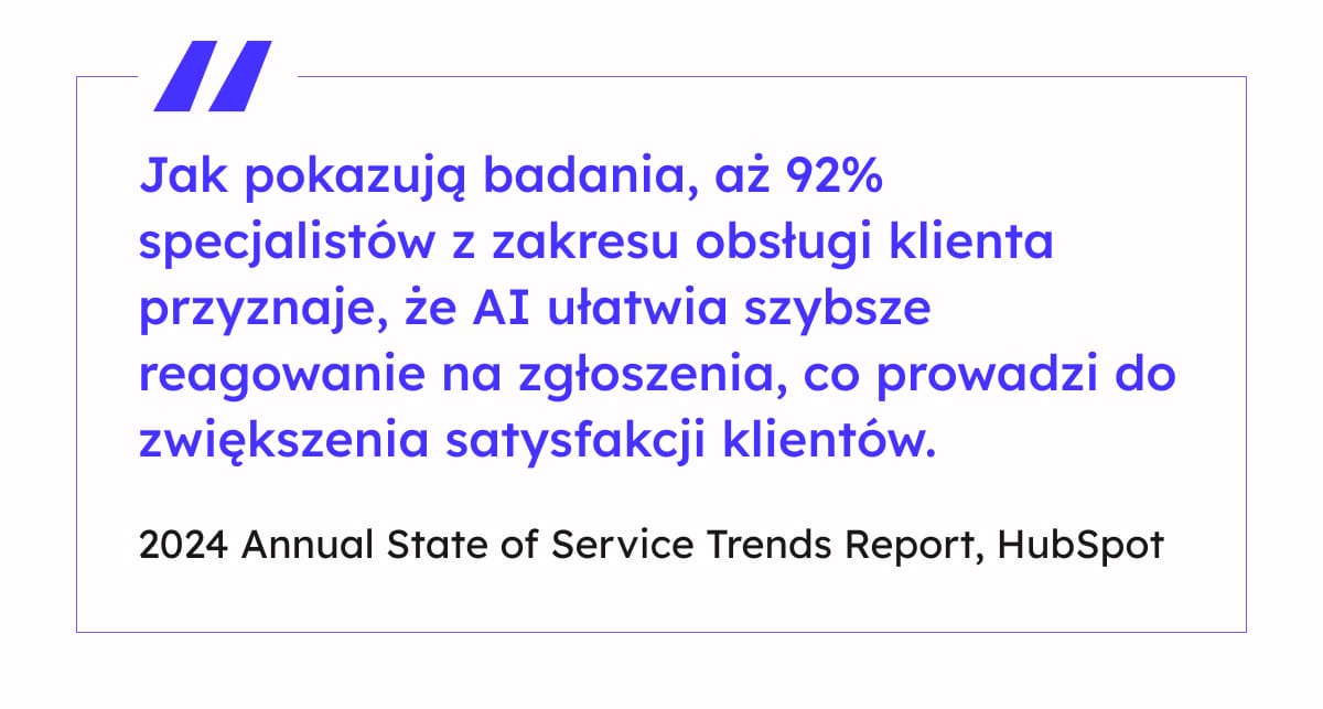 Cytat z raportu HubSpot: 92% specjalistów ds. obsługi klienta uważa, że AI ułatwia szybsze reagowanie na zgłoszenia i zwiększa satysfakcję klientów.