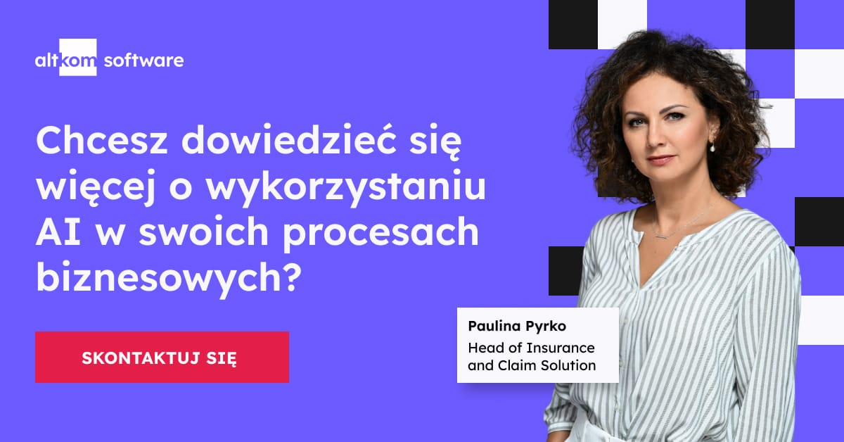 Baner z zaproszeniem do rozmowy o AI w procesach biznesowych. Na zdjęciu Paulina Pyrko, Head of Insurance and Claim Solution.