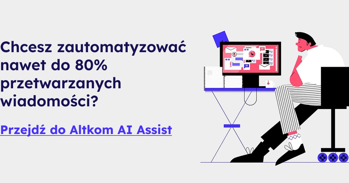 Grafika promująca Altkom AI Assist – narzędzie umożliwiające automatyzację przetwarzania do 80% wiadomości w firmie.