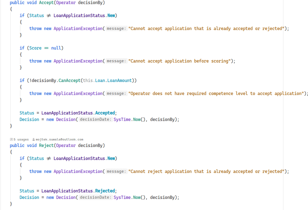 View of 2 entities that are parts of different aggregates - instance of Operator class and an instance of LoanApplication class in Domain Driven Design model