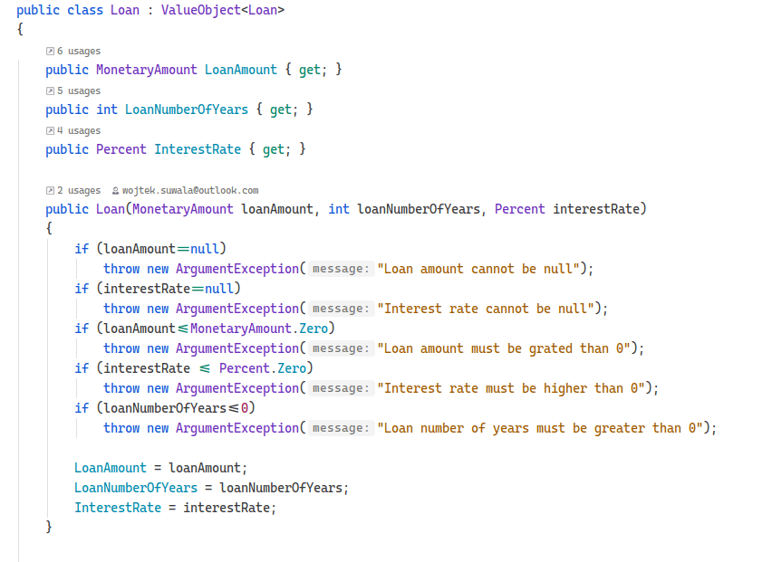 View at loan class code that represents loan parameters and is responsible for monthly installment calculation and last installment date calculation - example of domain driven design coding