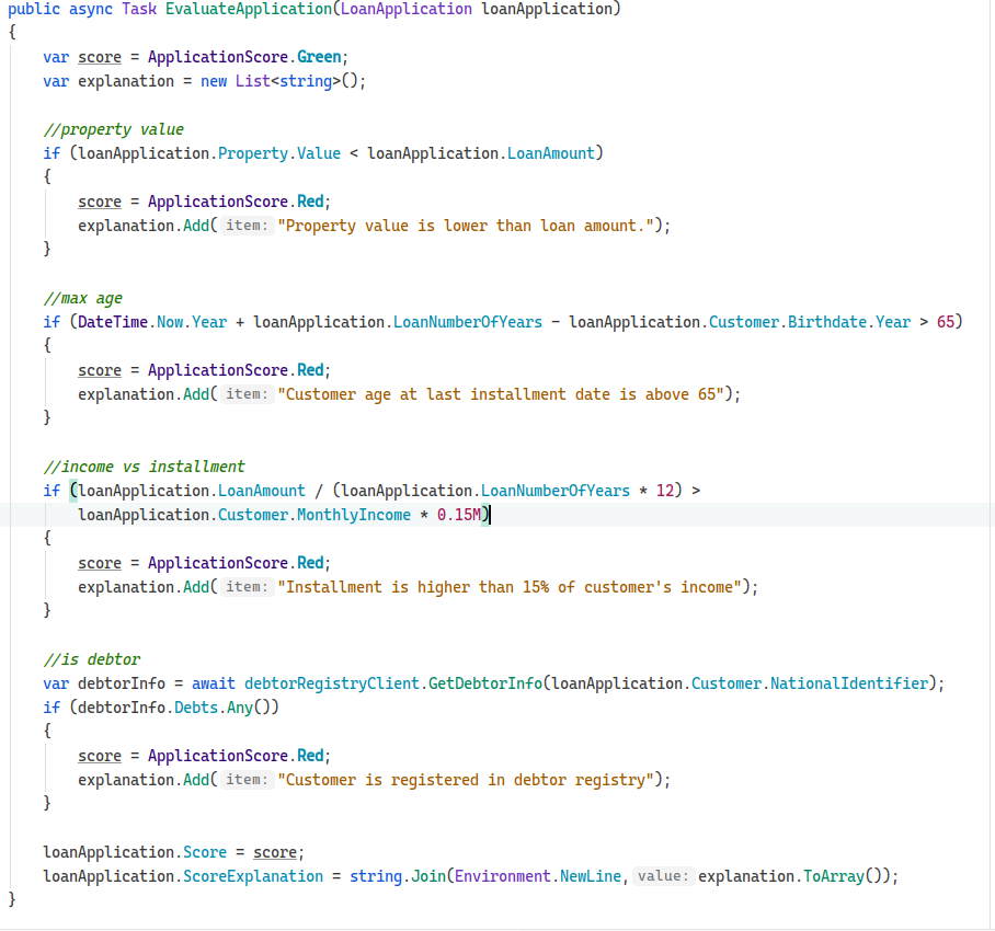 Scoring rules implemented in the ScoringService Rules as a set of if statements - anemic domain example