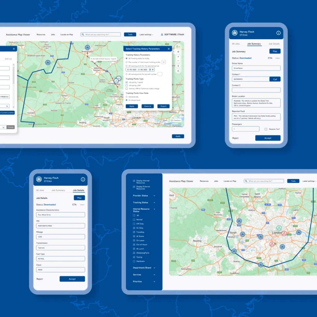 Interfejs systemu do zarządzania usługami Assistance i mapami w cyfrowym środowisku ubezpieczeniowym.
