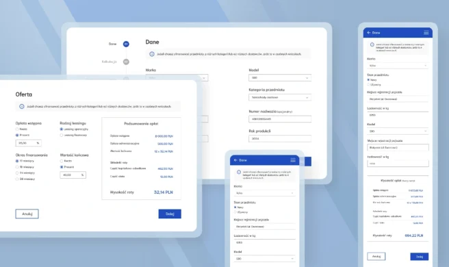 Ekrany przedstawiające dane wejściowe i parametry leasingu – automatyzacja procesu w nowoczesnej platformie leasingowej.