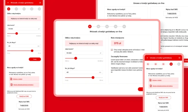 Zbiór ekranów procesu kredytowego online – wizualizacja automatyzacji wniosków kredytowych.