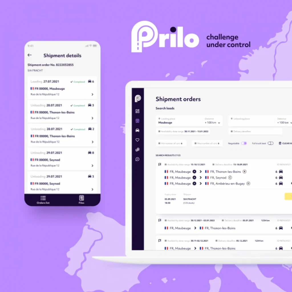 Widok mobilnej i desktopowej wersji platformy Prilo – wyszukiwanie ładunków w nowoczesnej giełdzie transportowej.